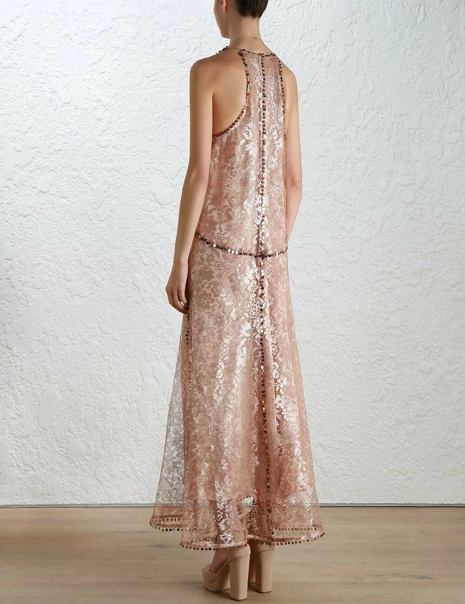Zimmermann 1 Laverish Mirror Lace Slip Maxi Silk Sequin rose Dress Fit 8 10 AU