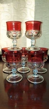 Set of 7 Tiffin-Franciscan Cranberry Juice Goblets, King s Crown, Vintage 1950s 