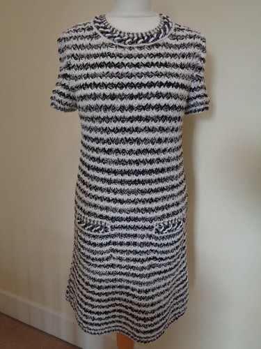 CHANEL BLACK AND WHITE RIBBON EFFECT TWEED DRESS WITH CHAIN DETAIL - SIZE 12 (40