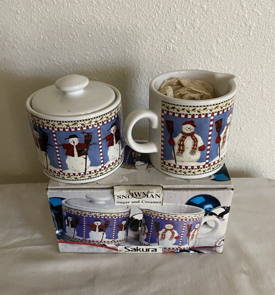 Juego de Azúcar y Crema Sakura Debbie Mumm 1997 Patrón Muñeco de Nieve De Colección Foto 2 de 4