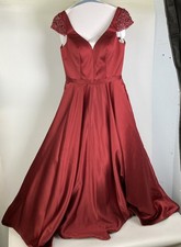 Angela Alison Beaded Cap Sleeve Low Back Maroon Formal Prom Gown Size 12