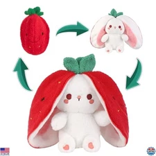 Emoin 7" Reversible Strawberry Bunny Plush Toy, Zippered Cuddle Rabbit Gift