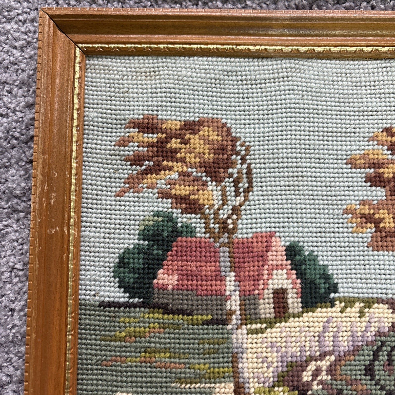 Four Season Needlepoint 11” Framed Pictures Winter Spring Summer Fall Signed