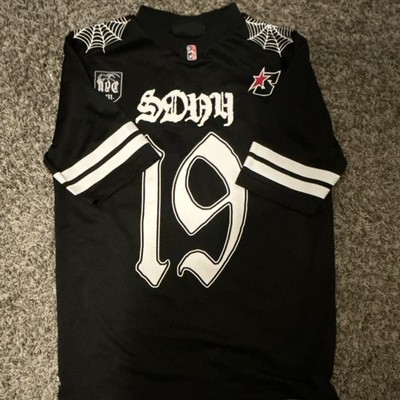 Supply & Demand Men's Black Graphic T-Shirt S Spider Web Patch Striped Sleeves