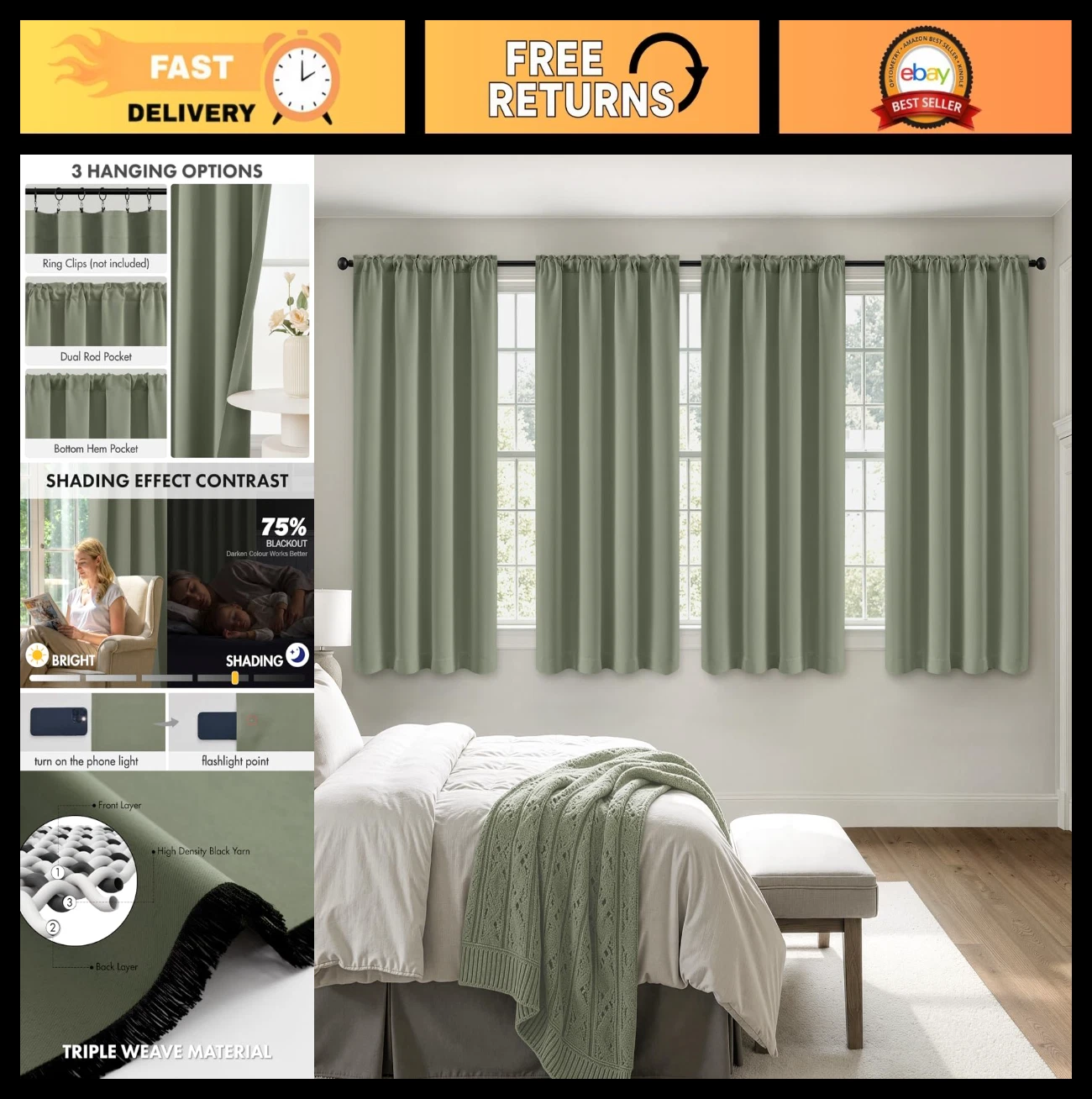 Sage Green Blackout Curtains 4 Panels Set, 63 Inch Room Darkening Drapes, Therma