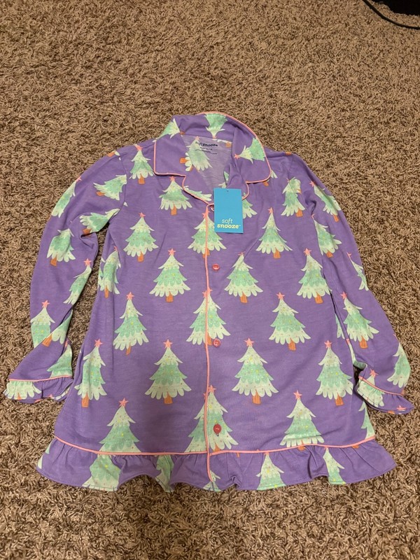 Soft Snooze Pajama Top Size 12/14 Purple Christmas Tree Print Buttons Collar NEW
