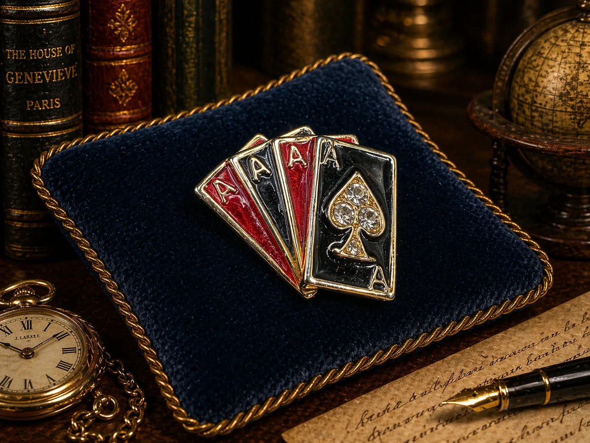 Gold tone enamel playing card brooch with clear rhinestones