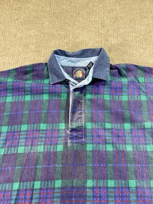 Vintage 90s Gant Salty Dog Dark Plaid Polo Shirt Rugby Denim Collar XL Cotton