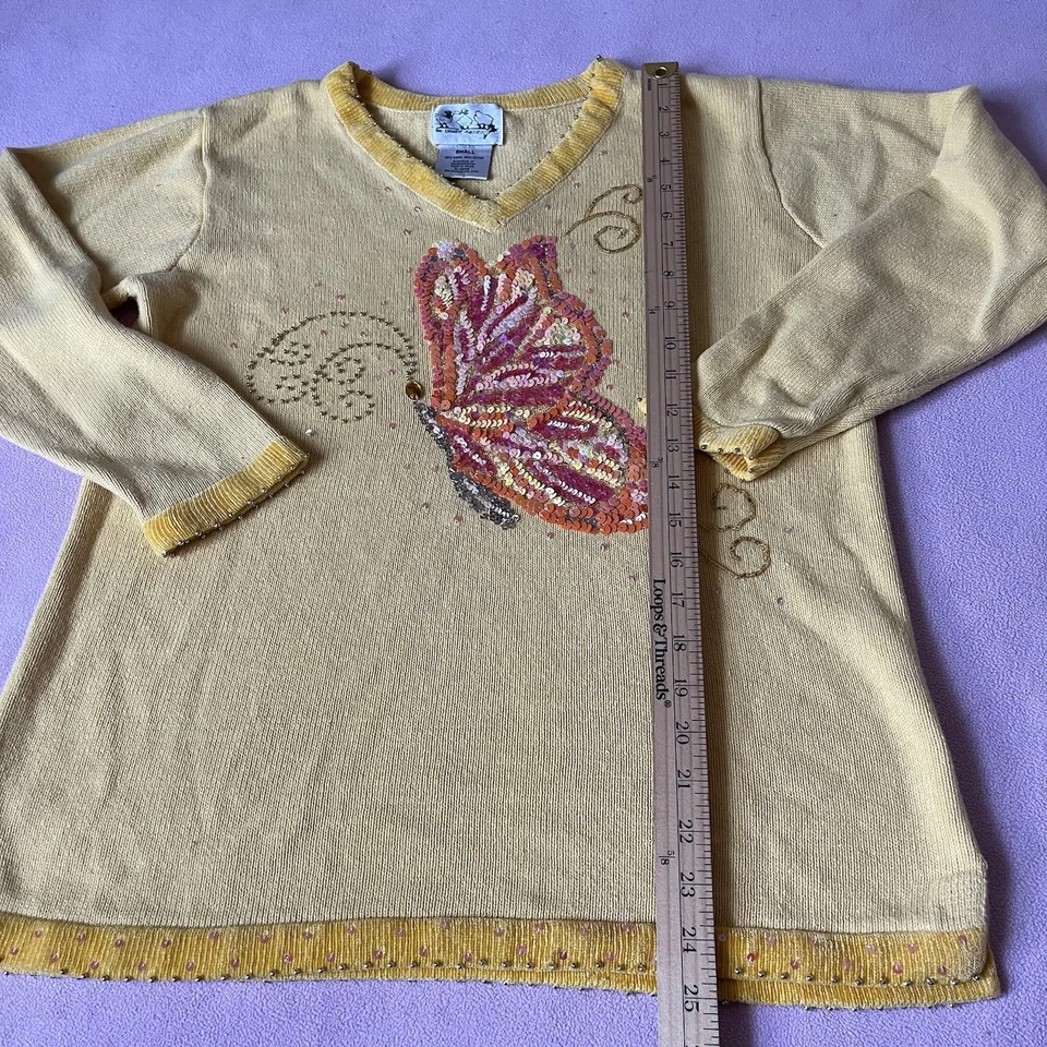 Quacker Factory sz Small Pullover V Neck Sweater Yellow Butterfly Sequins Beads - Image 3 of 4