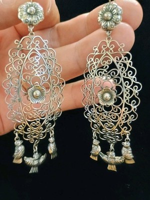 LONG Oval Taxco Oaxacan Filigree 950 Sterling Silver Frida Kahlo Style Earrings 