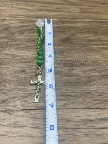 Vintage Pray For Us Inri Crucifix Hand Beaded Green Beads Rosary Religious KG - Picture 6 of 6