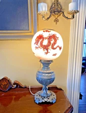Antique Bradley Hubbard B&H ? Handpainted DRAGON Kerosene Lamp Electric