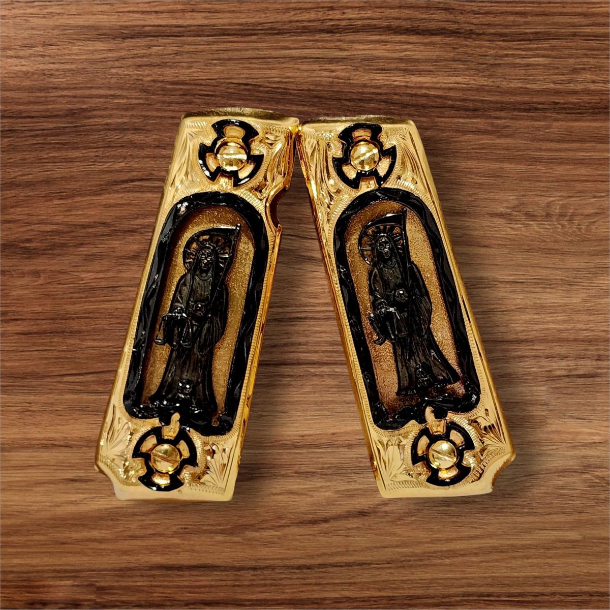Santa muerte mexican Cachas black gold 1911 pistol gun grips