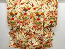 7564118: JAPANESE KIMONO / ANTIQUE KIMONO / SILK / CRANE WITH KIKU PAULOWNIA