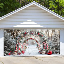 16X7FT Merry Christmas Cane Candy Garage Door Decorations Snow Forest Garage Doo