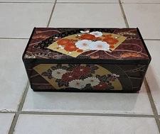 Vintage Plastic Tissue Box Cover With Hinged Mirror Faux Lacquer & Inlay Look
