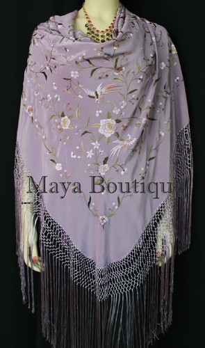 Flamenco Embroidered Silk Piano Shawl Wrap Lilac Multi Flower & Birds 84" Maya - Picture 7 of 9