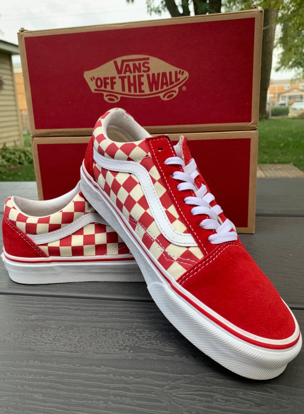red old skool checkerboard vans