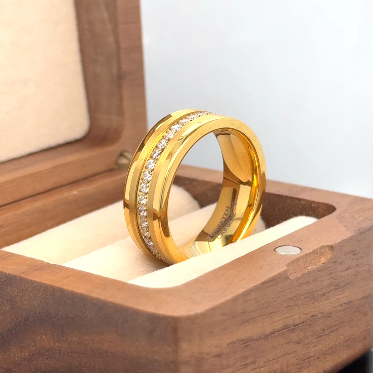 100S JEWELRY Men's Tungsten Carbide Wedding Band - 14K Gold Plated With 3 CZ Stones, Size 8-15