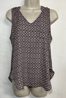 Lush Small Tank Top White Brown V-Neck Sleeveless Blouse 