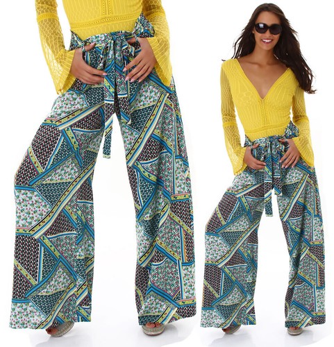 Pantaloni larghi palazzo donna ampi fantasia multicolor cinta elastico in  vita | eBay