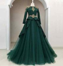 Green Muslim Evening Dresses A-line Long Sleeve Tulle gold Lace Long EveningGown