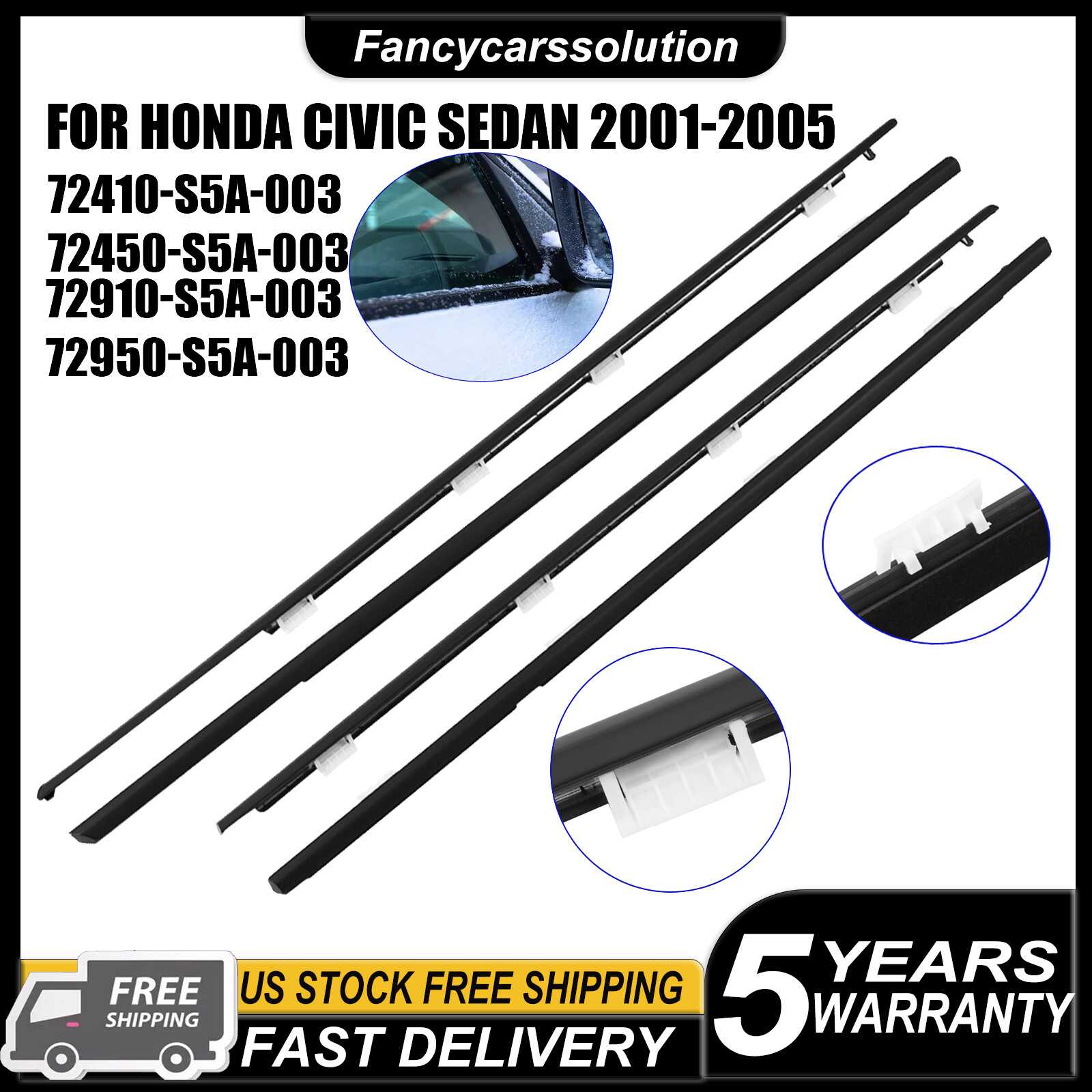 High-Quality 4X Door Weatherstrips Window Belt Seal Molding Trim Compatible with 2001-2005 Honda Civic