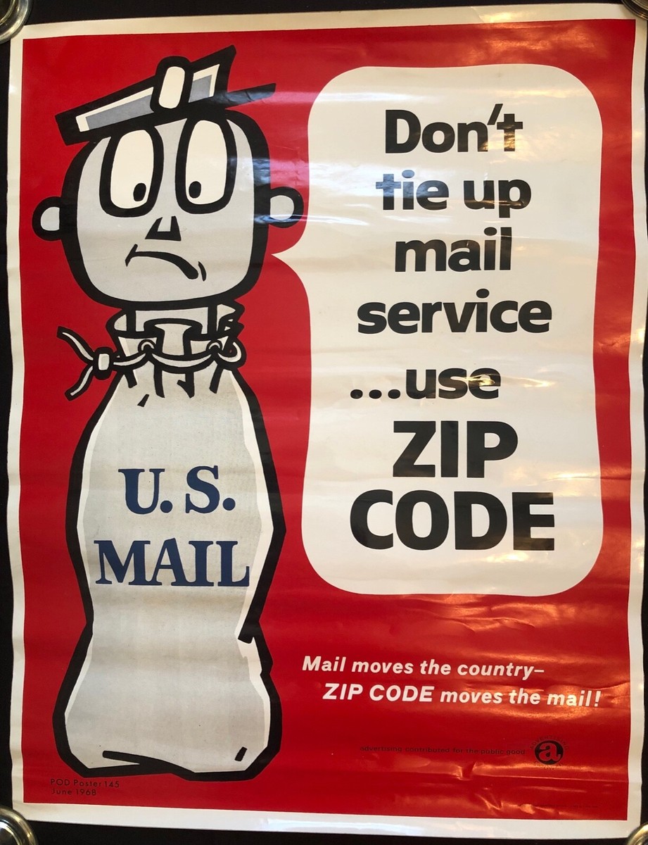 USPS 1968 PEEL STICK POST OFFICE MR ZIP POSTER~24X18-3/4 DON'T TIE