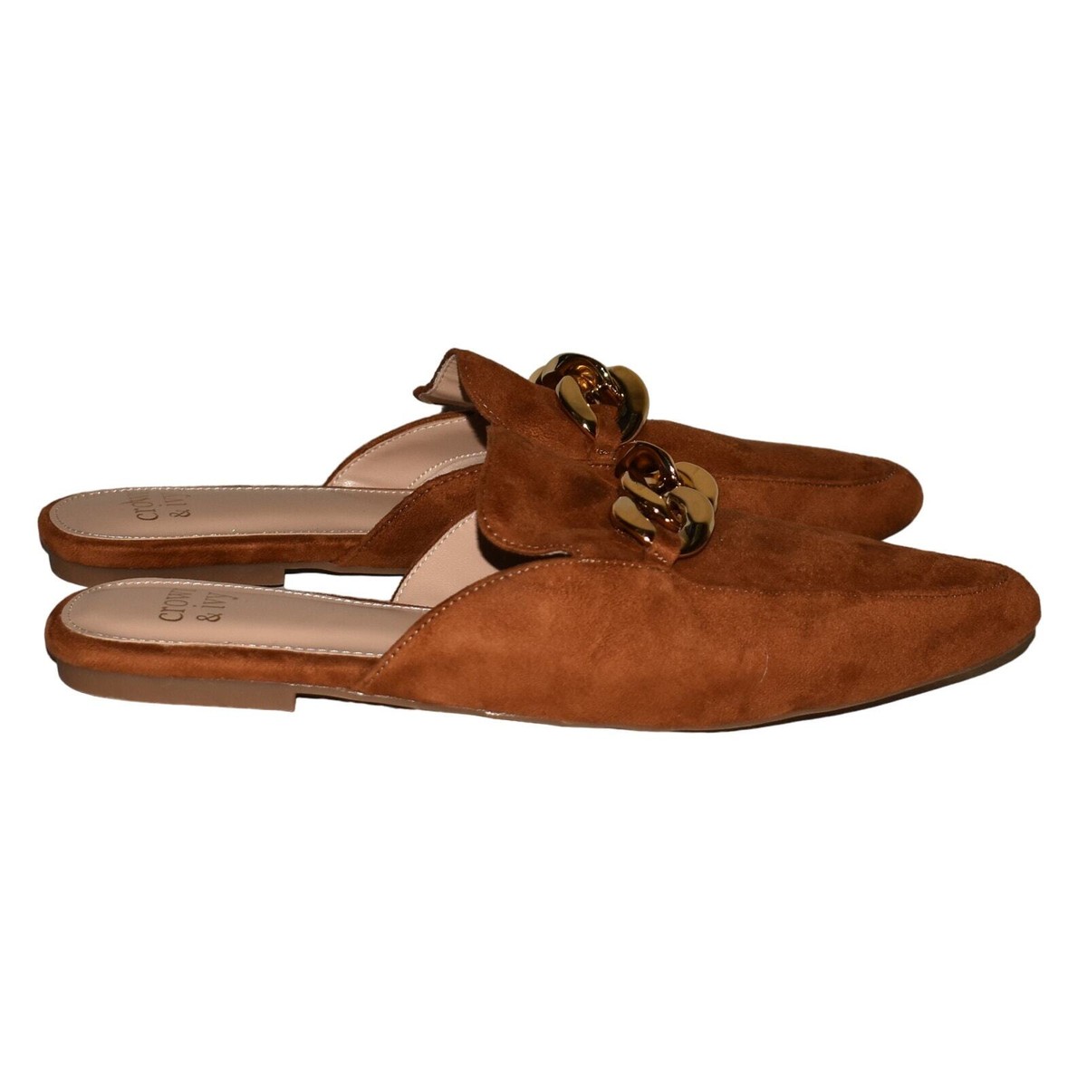 CROWN & IVY NEW $70 Alli Chain Faux Suede Slip-On Mules