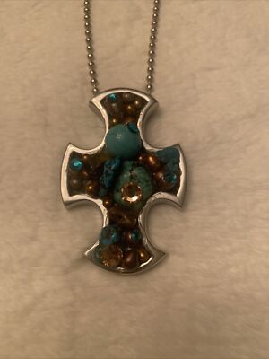 BOHO CHIC CROSS NECKLACE WITH TURQUOISE STONES, RHINESTONES & BRONZE BEADS ~NWOT