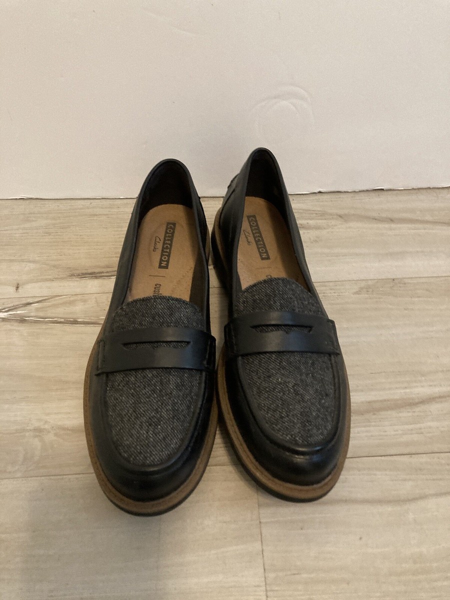 CLARKS WOMENS Raisie Eletta Penny Loafer 7.5M Black Tweed Soft