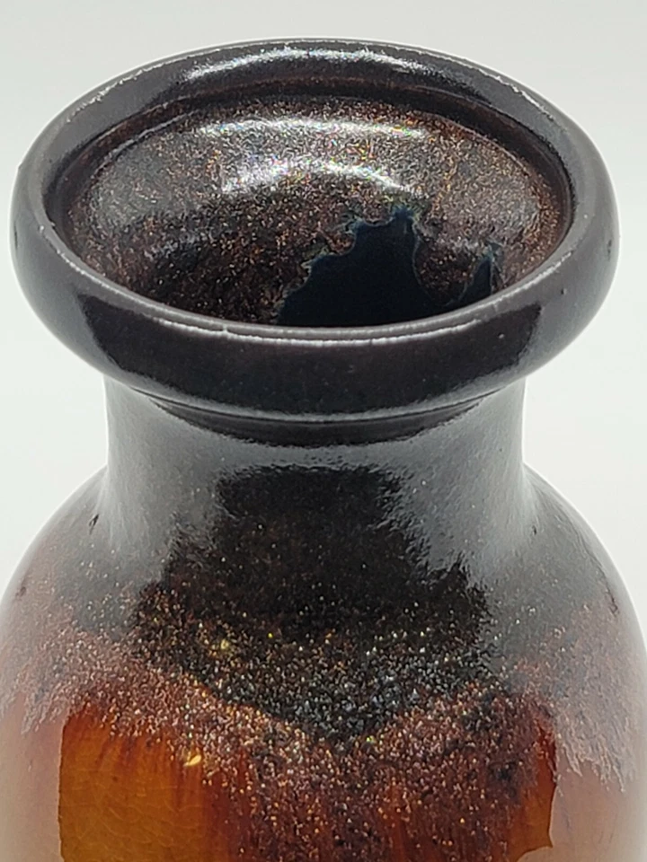Jarrón de colección Hosley TM Potteries dorado amarillo borgoña negro brillo esmalte por goteo Foto 3 de 4