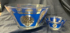 Mid Century Modern Atomic Hazel Atlas Blue and Gold Grapes Chip and Dip Bowls 