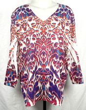 Chico's Red & Purple Ikat Bling V-Neck T-Shirt Top XXL (Chico's 4) Made in USA