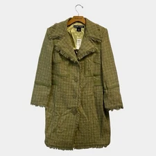 Blanc Noir Wool Blend Coat  Green Plaid Tweed Fringe Lightweight Lined Juniors L