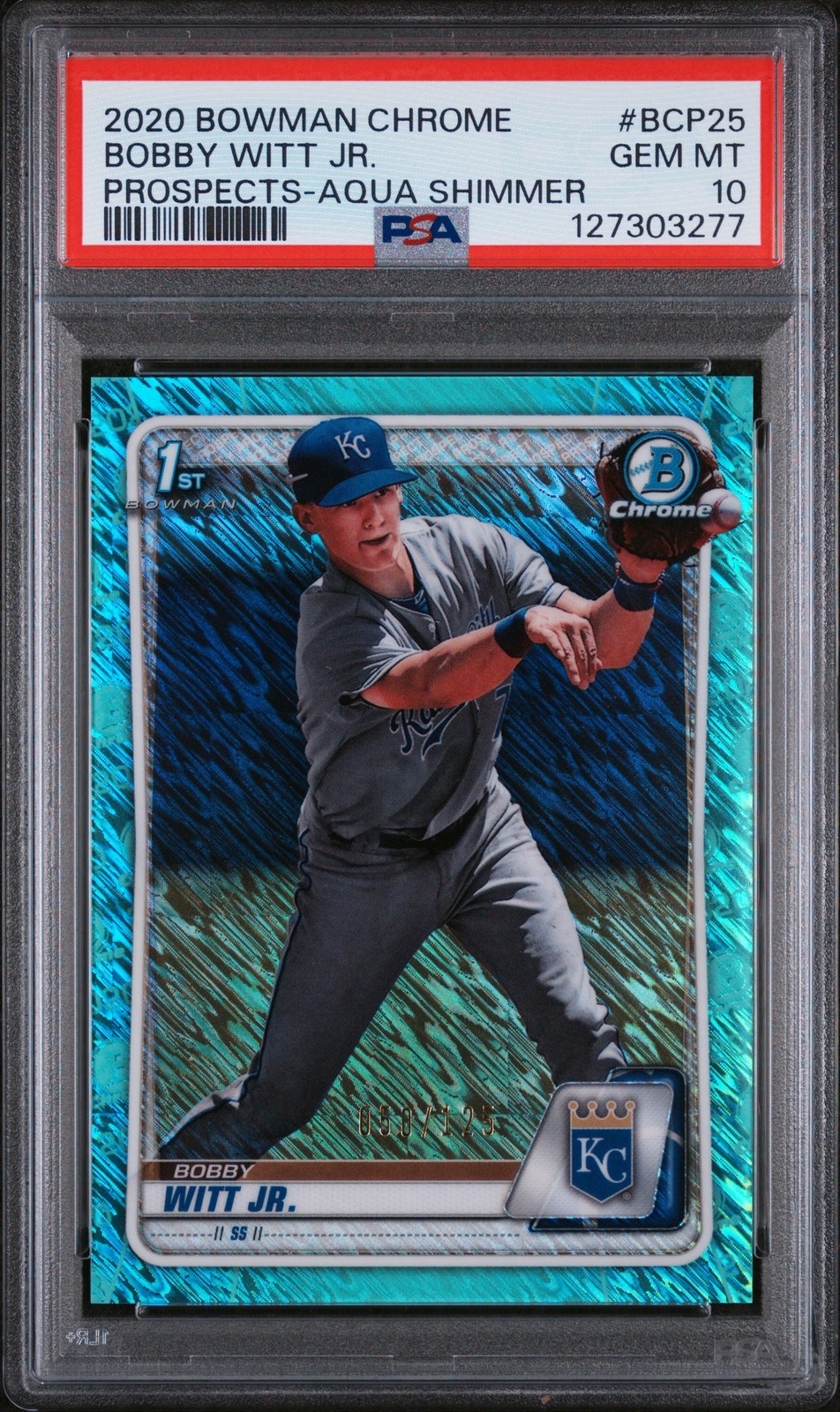 2020 BOWMAN CHROME PROSPECTS AQUA SHIMMER #BCP25 BOBBY WITT JR. 50/125 PSA 10