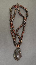 Large Vintage Brown Artisan Sea Glass Pendant on Stone Beaded Necklace