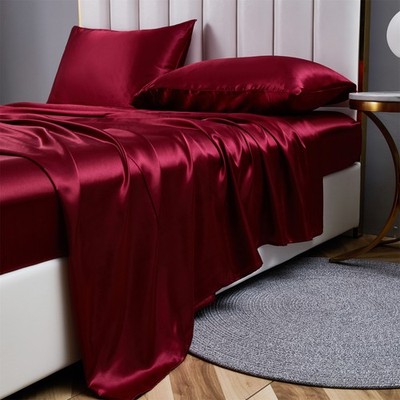 12 Colors Satin Sheet Set Smooth Soft Faux Silky Bedding Sheets Fade Resistant