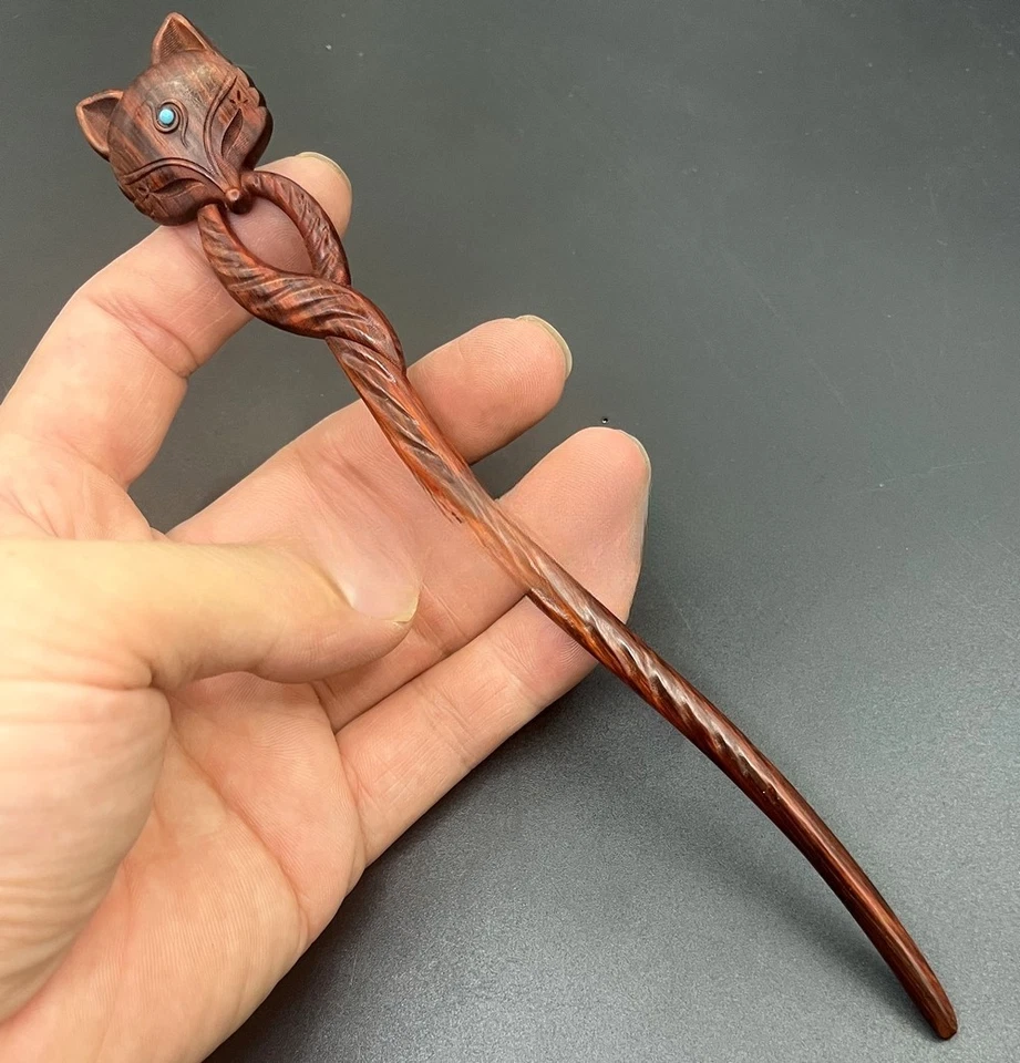 Rosewood Carved Hair Pin Stick Fox Type Fork Updo Bun Styling Boho Outfit - Image 2 of 4
