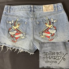 Ed Hardy Cut Offs Jean Short 28 Sz 6 Y2K Painted Born Free Art Distressed Denim