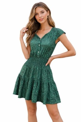 Perry Walker Collective Jenny Mini Dress Silk Boho Floral Green Tiered Smocked