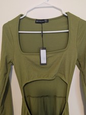 PrettyLittleThing Olive Green Cutout Jumpsuit Long Sleeve Ribbed NWT US 6