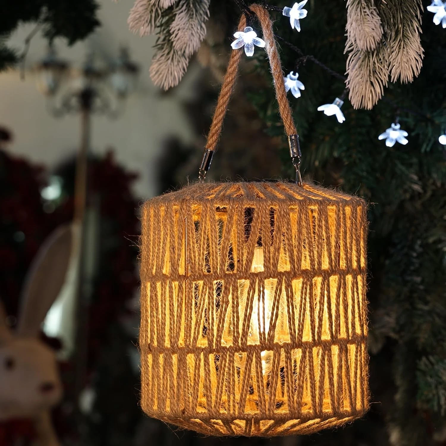 Large Solar Rope Lantern Outdoor Hanging – Handwoven Jute Rope Lantern with W...