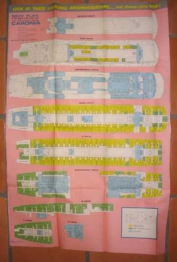 CARONIA (Cunard) Large Fold Open DECK PLAN