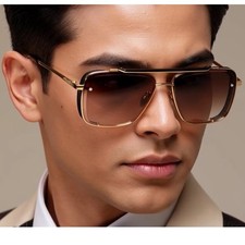 Square Classy Sunglasses Gold Frame Brown Gradient Lens Fashion Shades Classy
