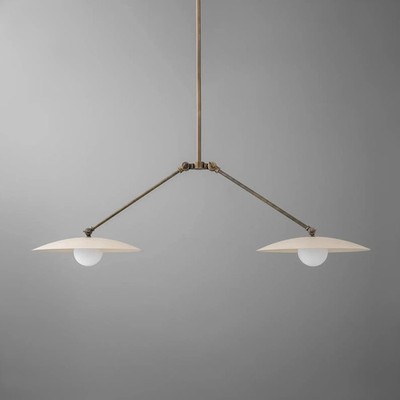 Mid Century Design Two Shade Brass Chandelier Off  White Shade Premium Lamp