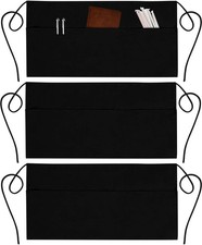 3 Pack Waist Aprons 3 Pockets Waitress Server Waiter Apron for Women Men Black