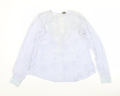 byTiMo Damen Tunika Bluse blau bestickt Spitze Langarm Größe S