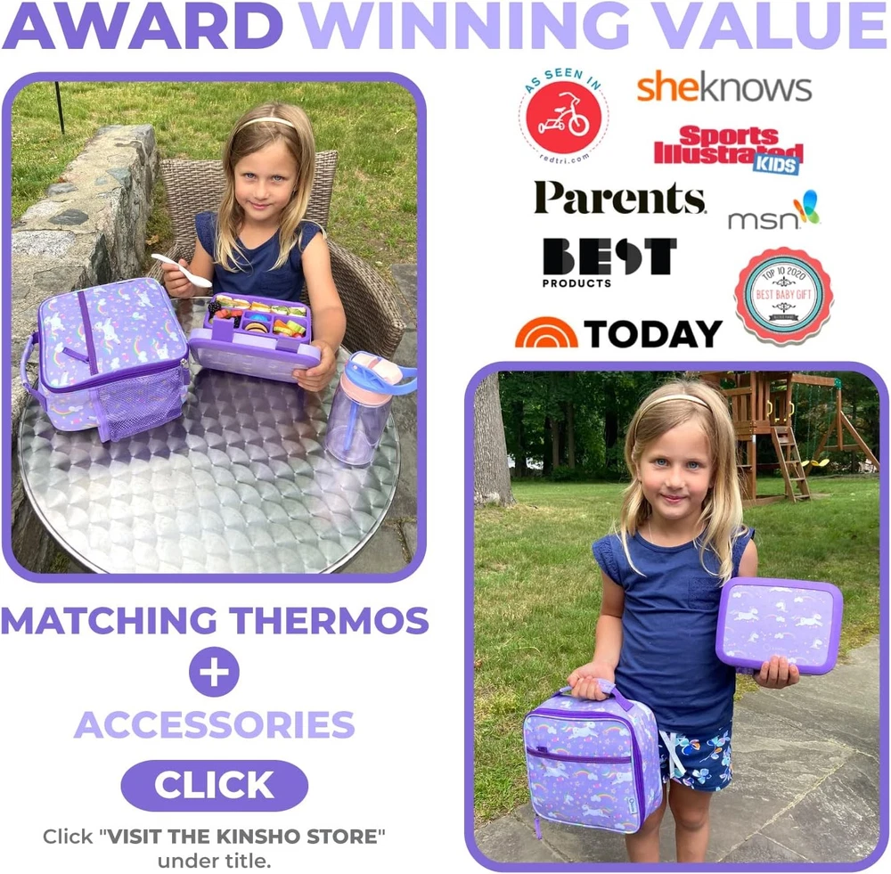 Insulated Kids Bento Box Lunch Bag with Ice Pack - Purple Unicorn Set for Ages 7