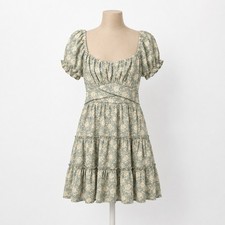 Floral Tiered Puff Sleeve Mini Peasant Dress Size M Sage Green Cottagecore Boho